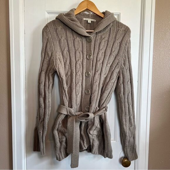Carolyn Taylor Tan Cable Knit Cardigan with Hood - Picture 1 of 6
